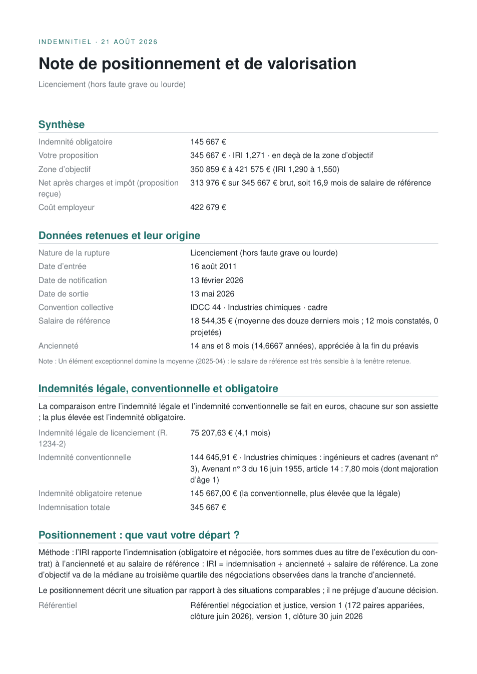 Première page de la note de positionnement et de valorisation du cas de référence 002 : synthèse, données retenues, indemnités légale, conventionnelle et obligatoire
